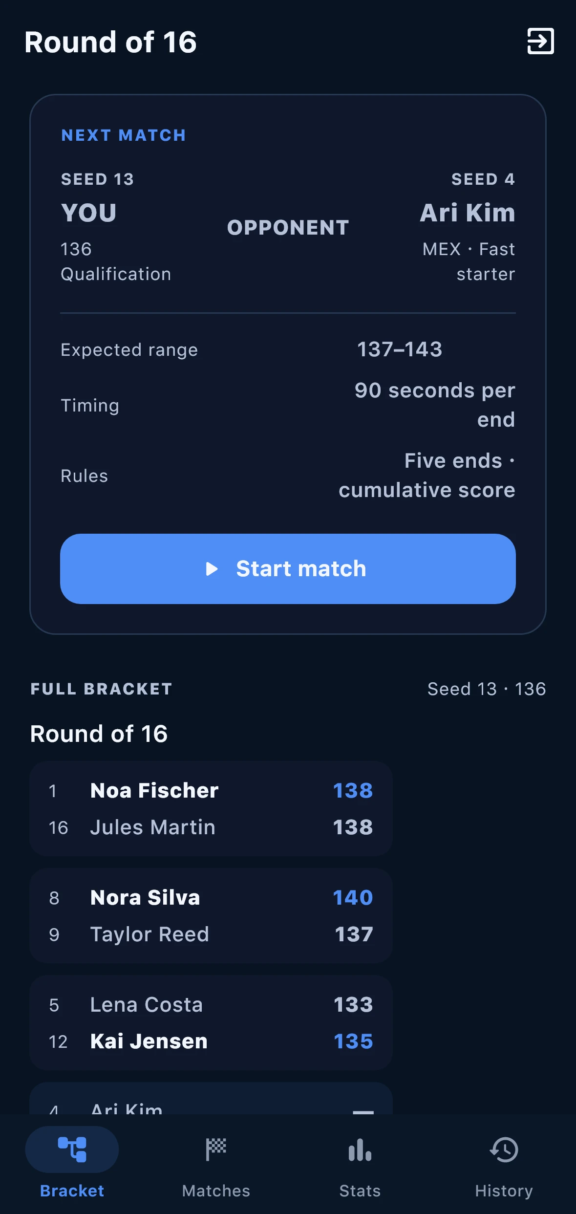 ArcherSense tournament bracket with sample data and simulated opponents